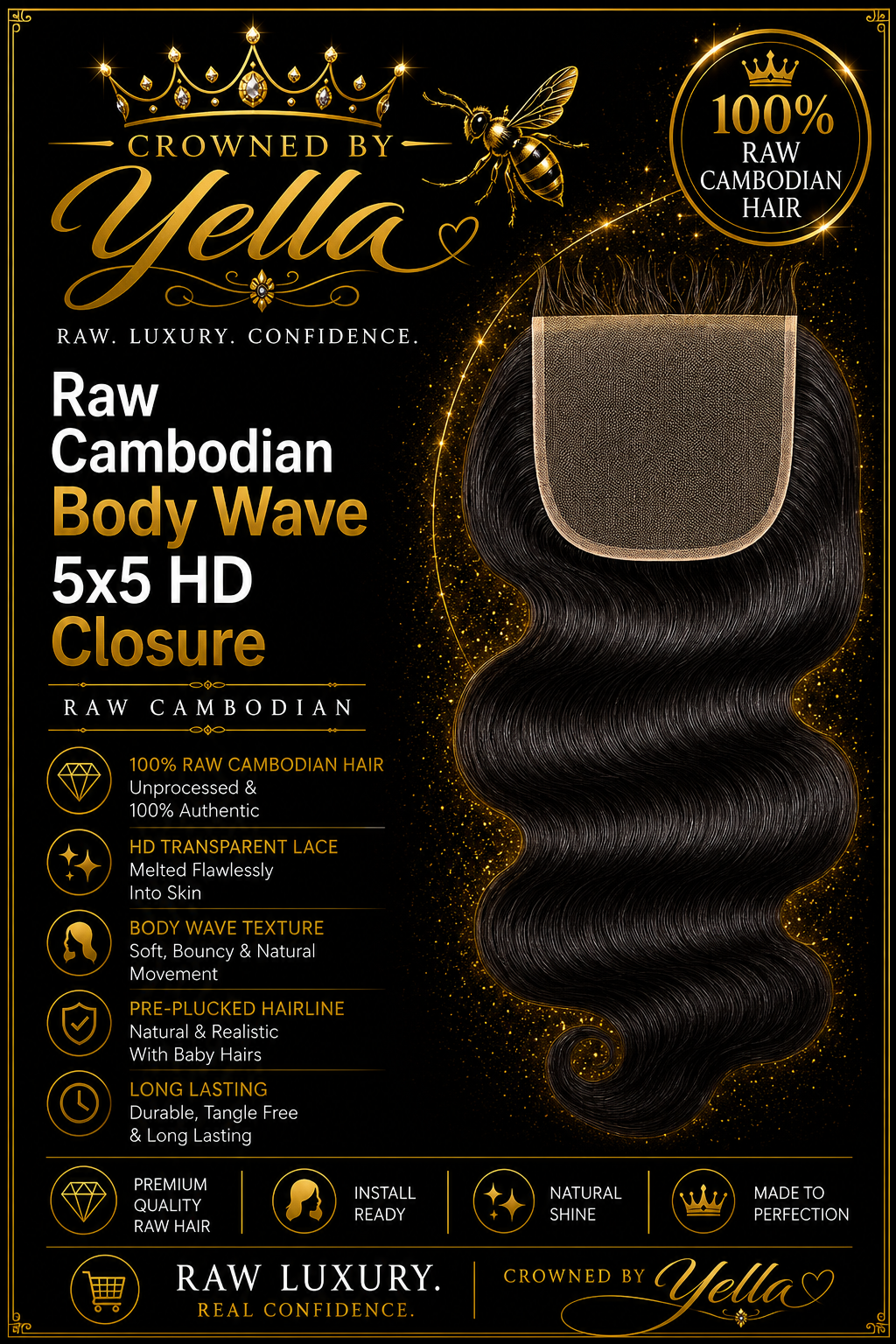 Raw Cambodian Body Wave 5x5 HD Closure
